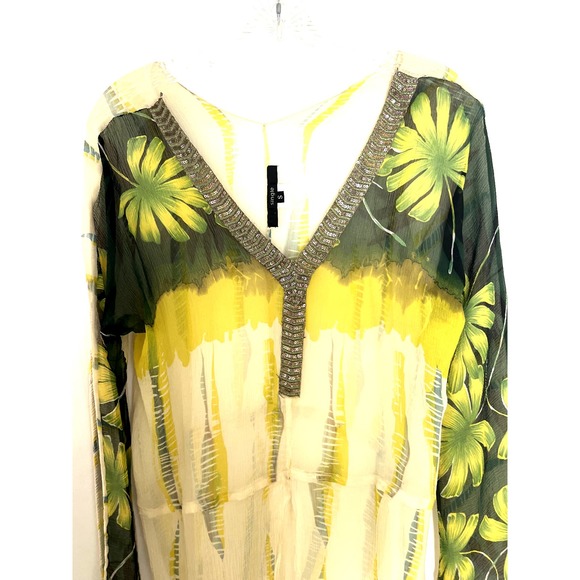 Anthropologie Single cream green flower leaf print flowy print tunic Sz S - Picture 2 of 4